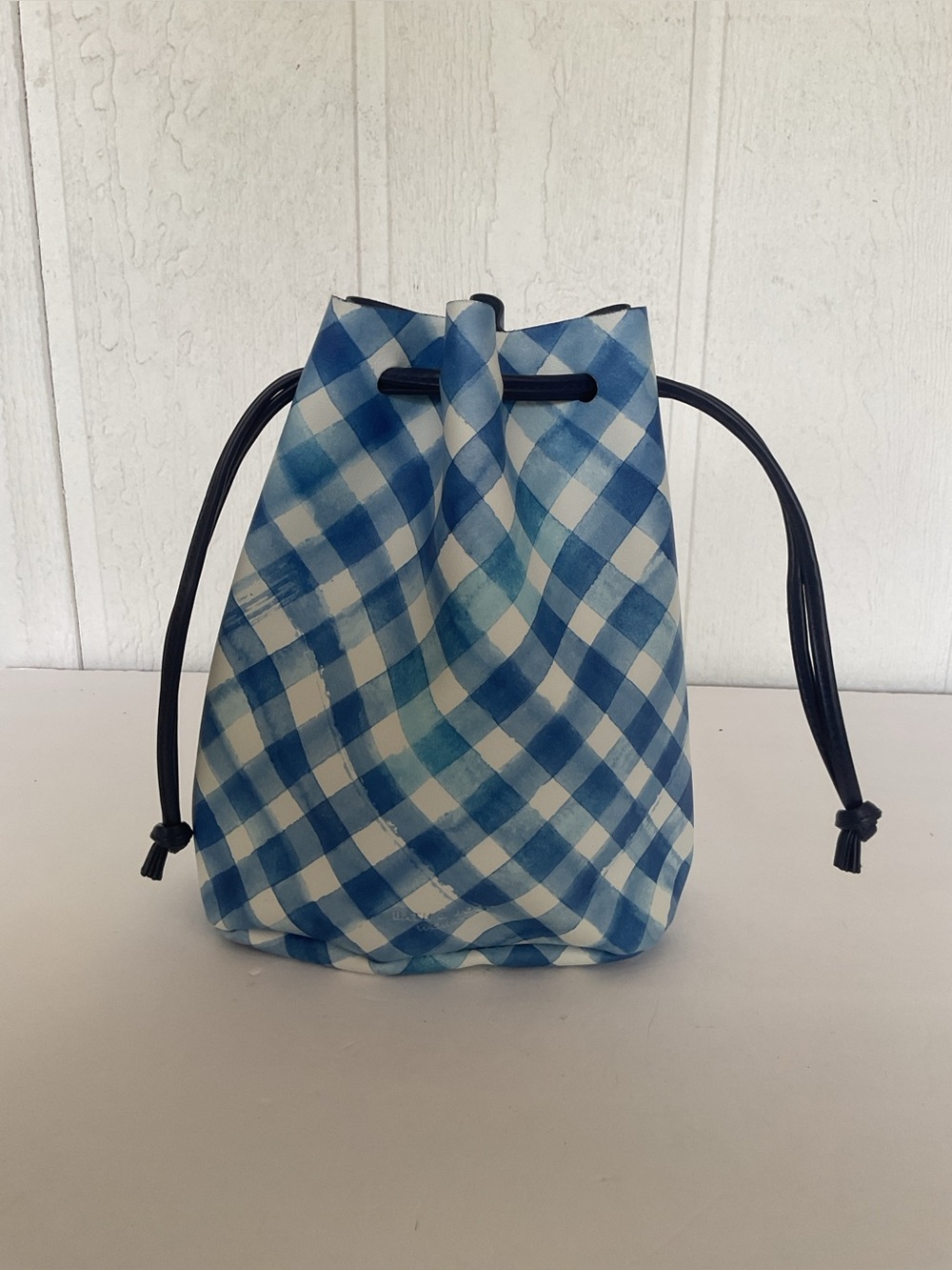 Bath & Body Works Blue White Gingham Drawstring Bag. NWOT
